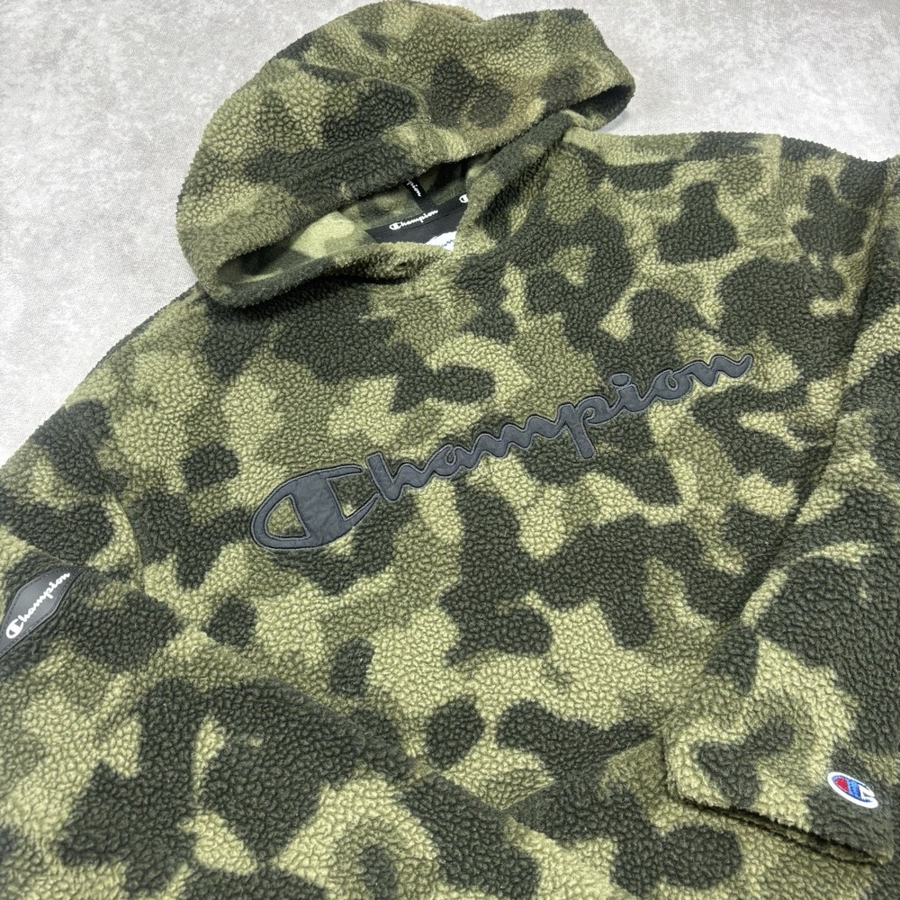 Champion Hoodie Camo Pullover Sherpa Sweatshirt Unisex Medium Long Sleeve Green - Picture 1 of 11